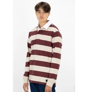 Royal Attitude Men’s Rugby Shirt Striped Long Sleeve Polo Size Large Oatmeal